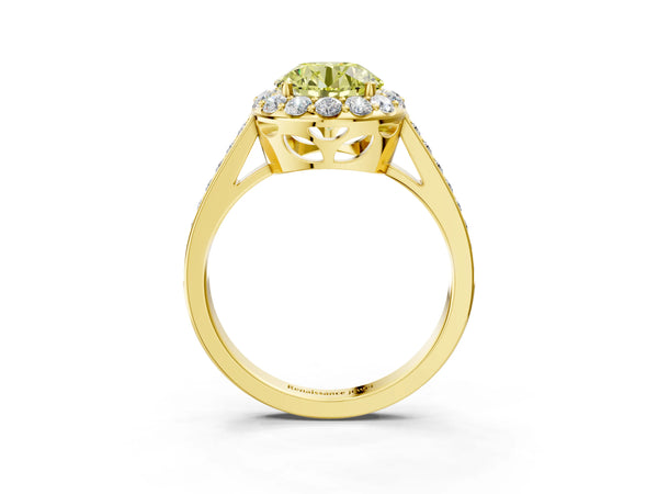 Yellow gold Fancy Yellow Round Cut Diamond Floral Halo Ring with Pavé Band and Prong Setting