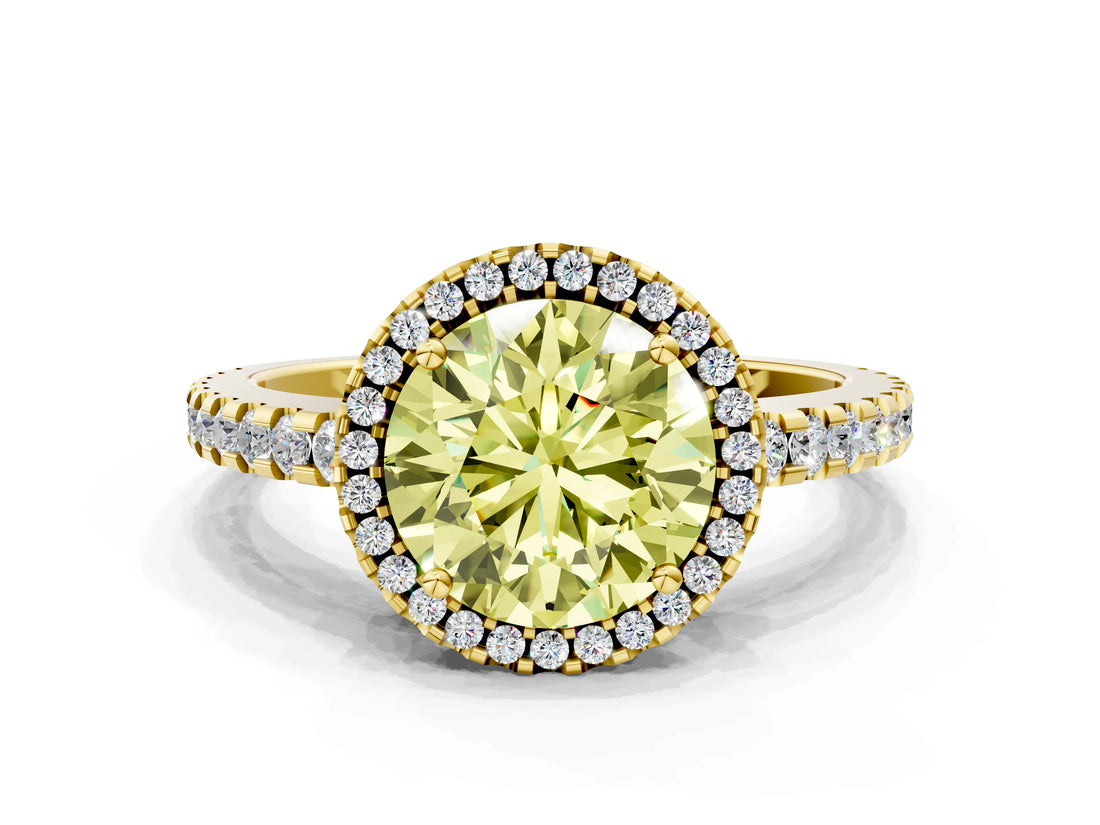 Yellow gold Fancy Yellow Round Cut Diamond Halo Engagement Ring with Pavé Band and Prong Setting_27