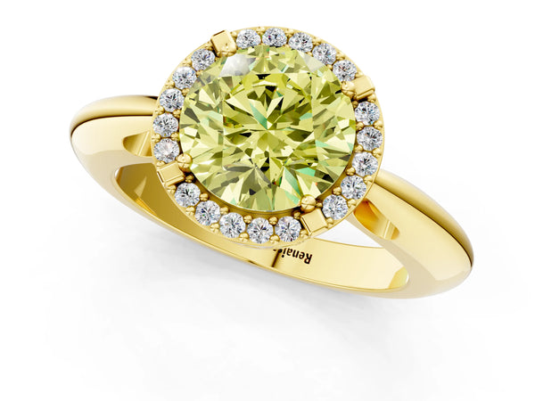 Yellow gold Fancy Yellow Round  Cut Diamond Halo Engagement Ring with Split Shank and Four-Prong Setting