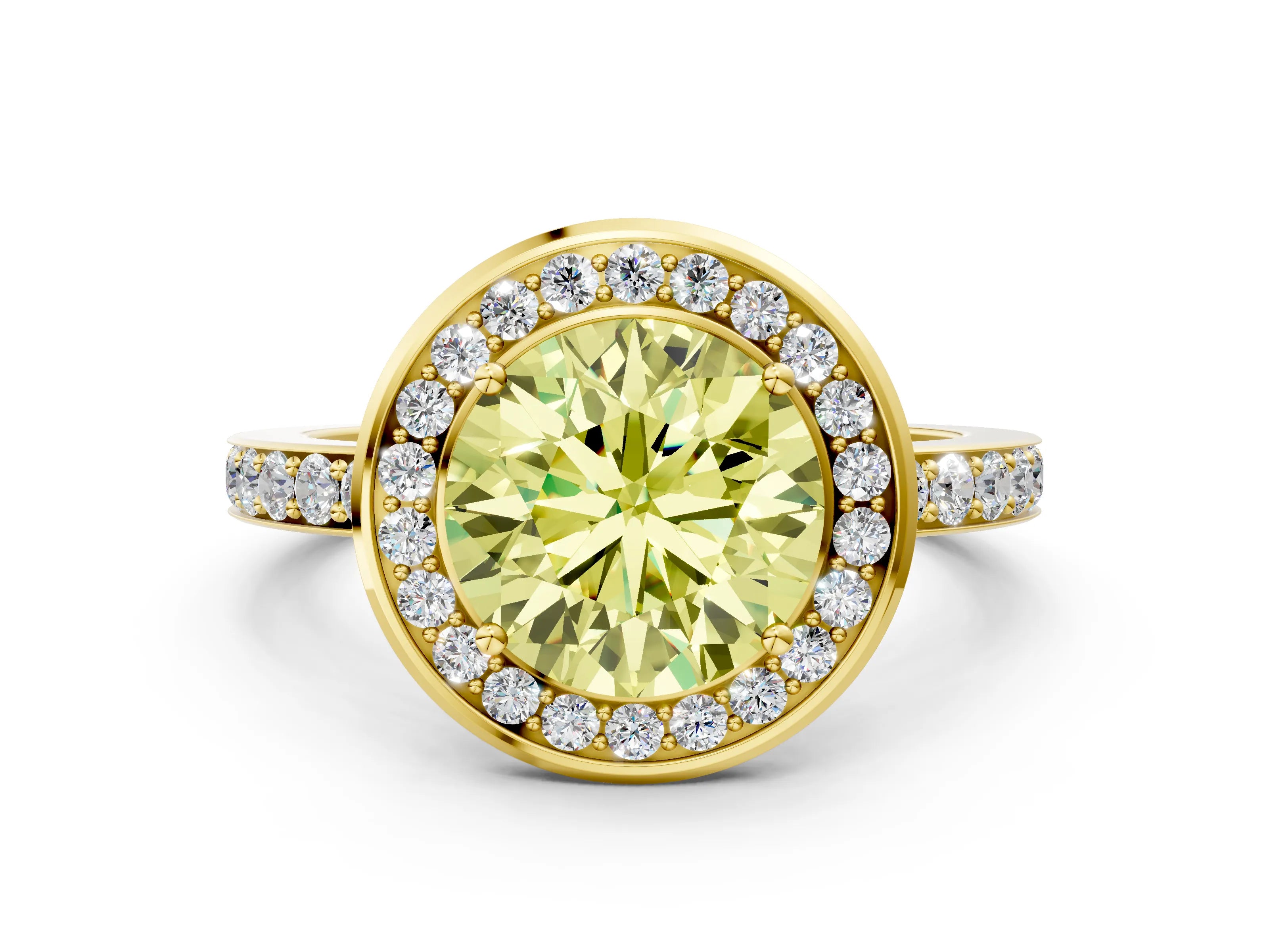 Yellow gold Fancy Yellow Round Cut Diamond Halo Ring with Bezel Frame and Pavé Band