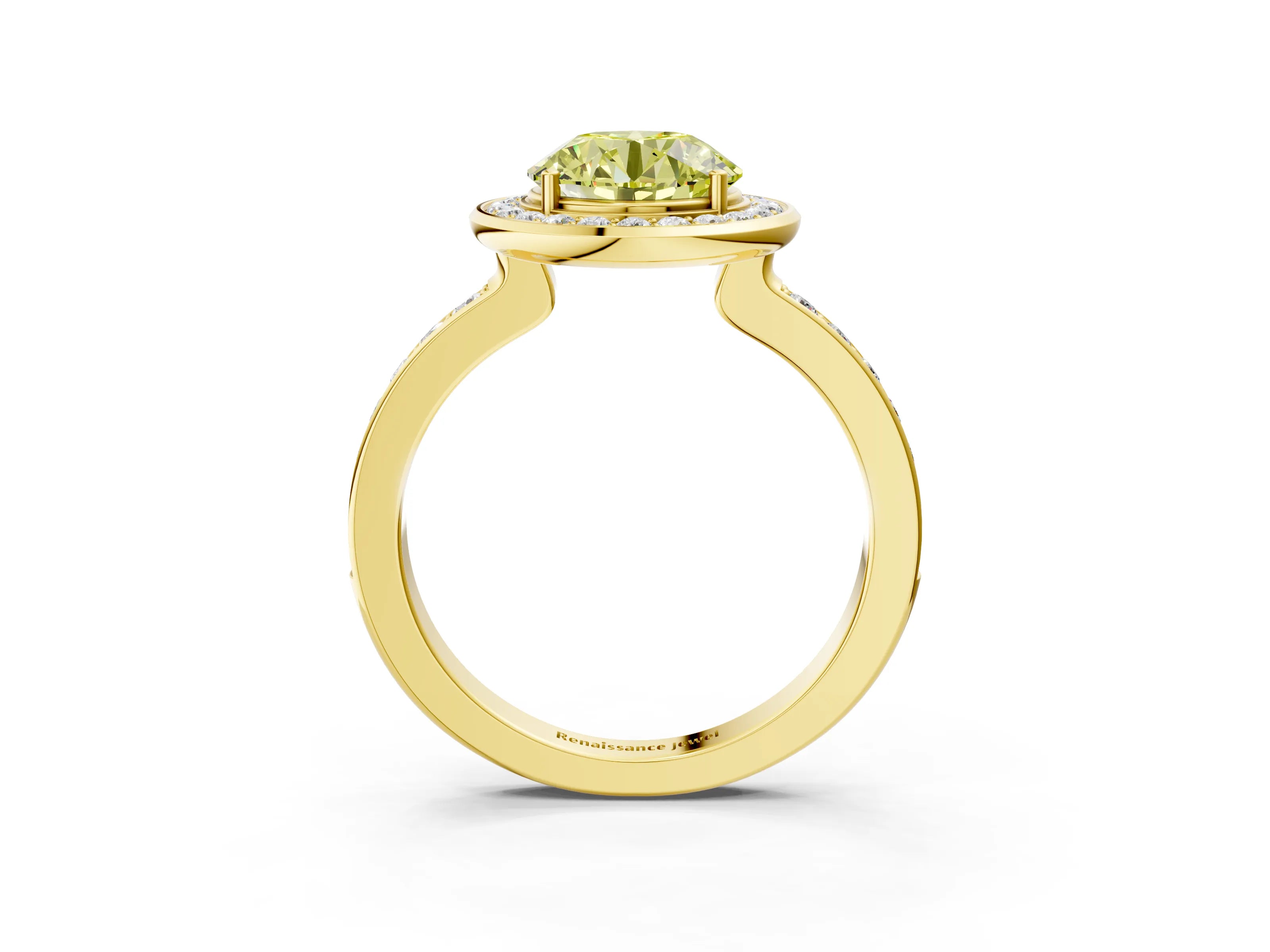 Yellow gold Fancy Yellow Round Cut Diamond Halo Ring with Bezel Frame and Pavé Band_3