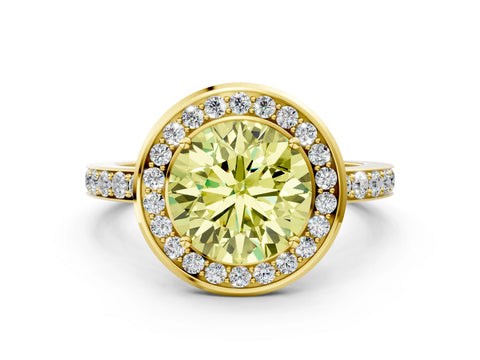 Yellow gold Fancy Yellow Round Cut Diamond Halo Ring with Bezel Frame and Pavé Band