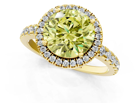 Yellow gold Fancy Yellow Round Cut Diamond Halo Ring with Pavé Band and Four-Prong Setting_1