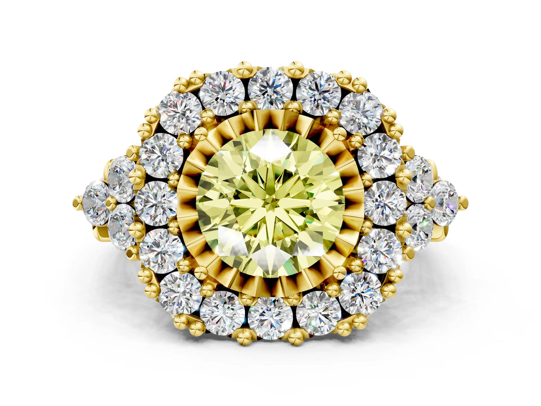 Yellow gold Fancy Yellow Round Cut Diamond Halo Ring with Pavé Band and Four-Prong Setting_20