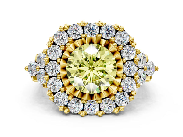 Yellow gold Fancy Yellow Round Cut Diamond Halo Ring with Pavé Band and Four-Prong Setting