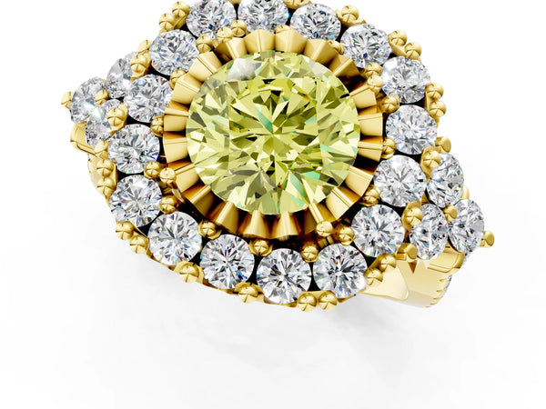 Yellow gold Fancy Yellow Round Cut Diamond Halo Ring with Pavé Band and Four-Prong Setting