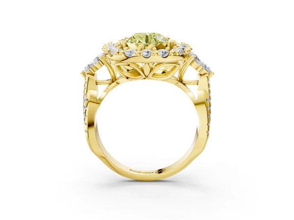 Yellow gold Fancy Yellow Round Cut Diamond Halo Ring with Pavé Band and Four-Prong Setting
