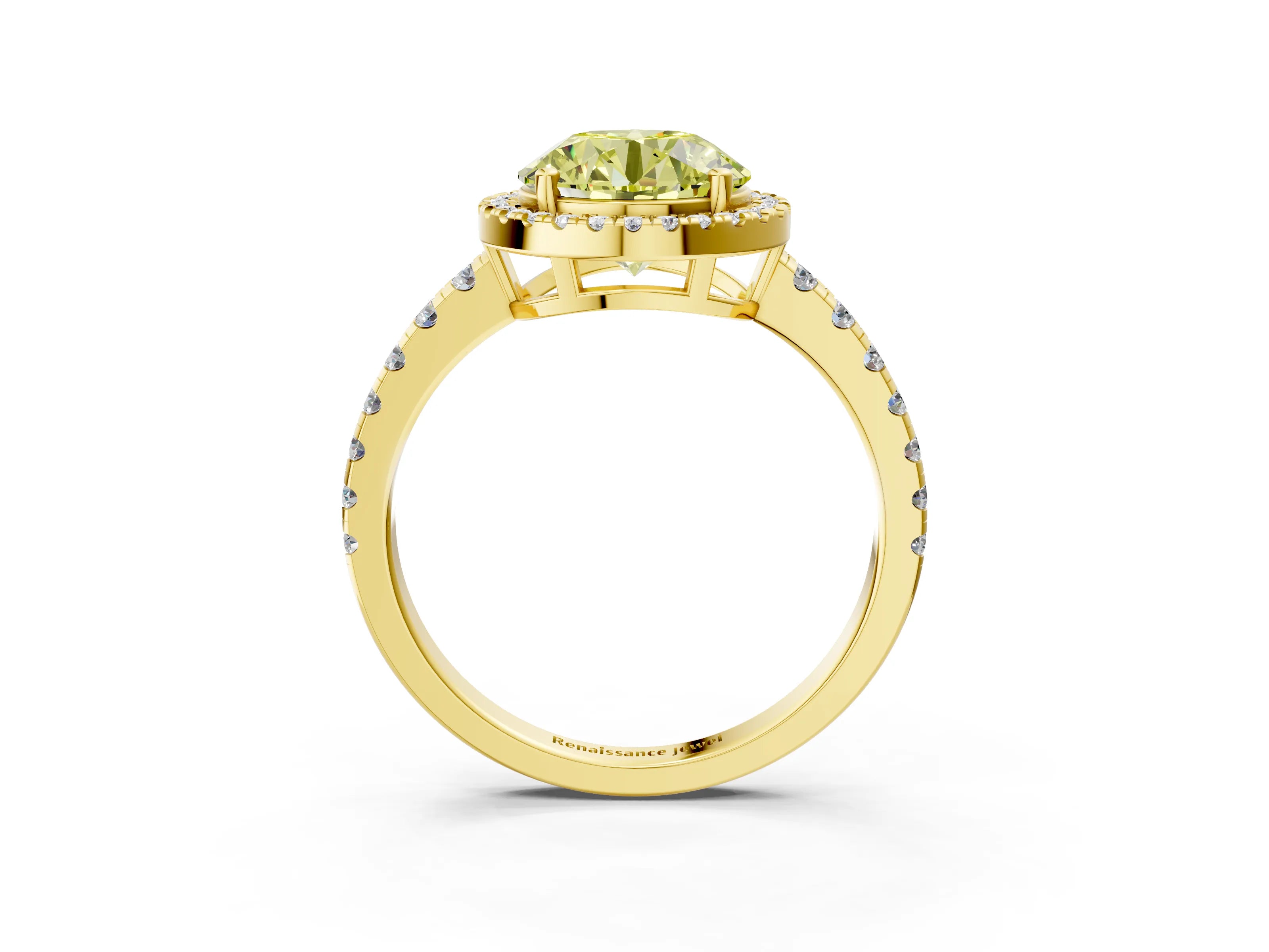 Yellow gold Fancy Yellow Round Cut Diamond Halo Ring with Pavé Band and Four-Prong Setting_3