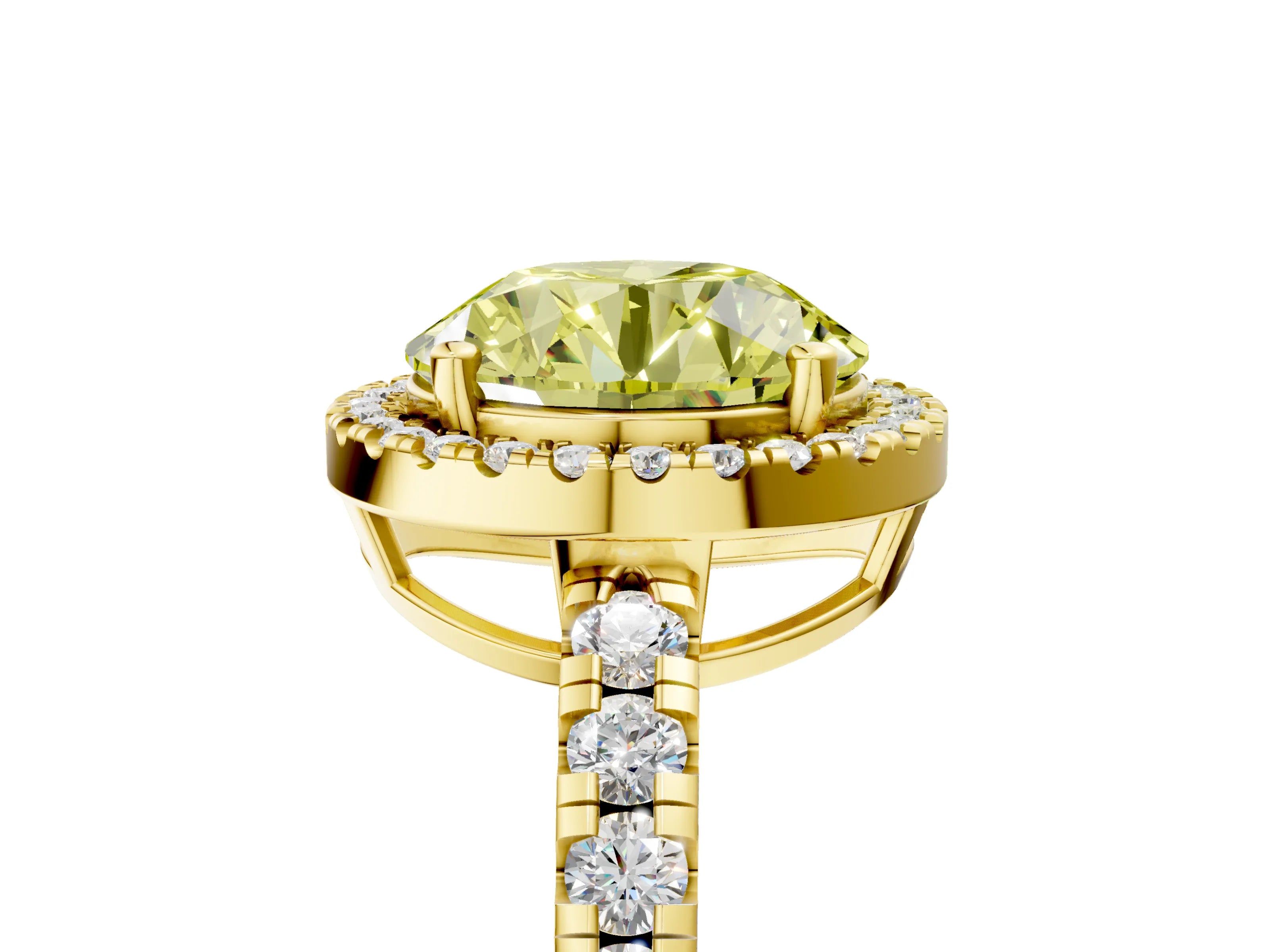 Yellow gold Fancy Yellow Round Cut Diamond Halo Ring with Pavé Band and Four-Prong Setting_5