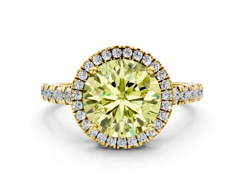 Yellow gold Fancy Yellow Round Cut Diamond Halo Ring with Pavé Band and Four-Prong Setting