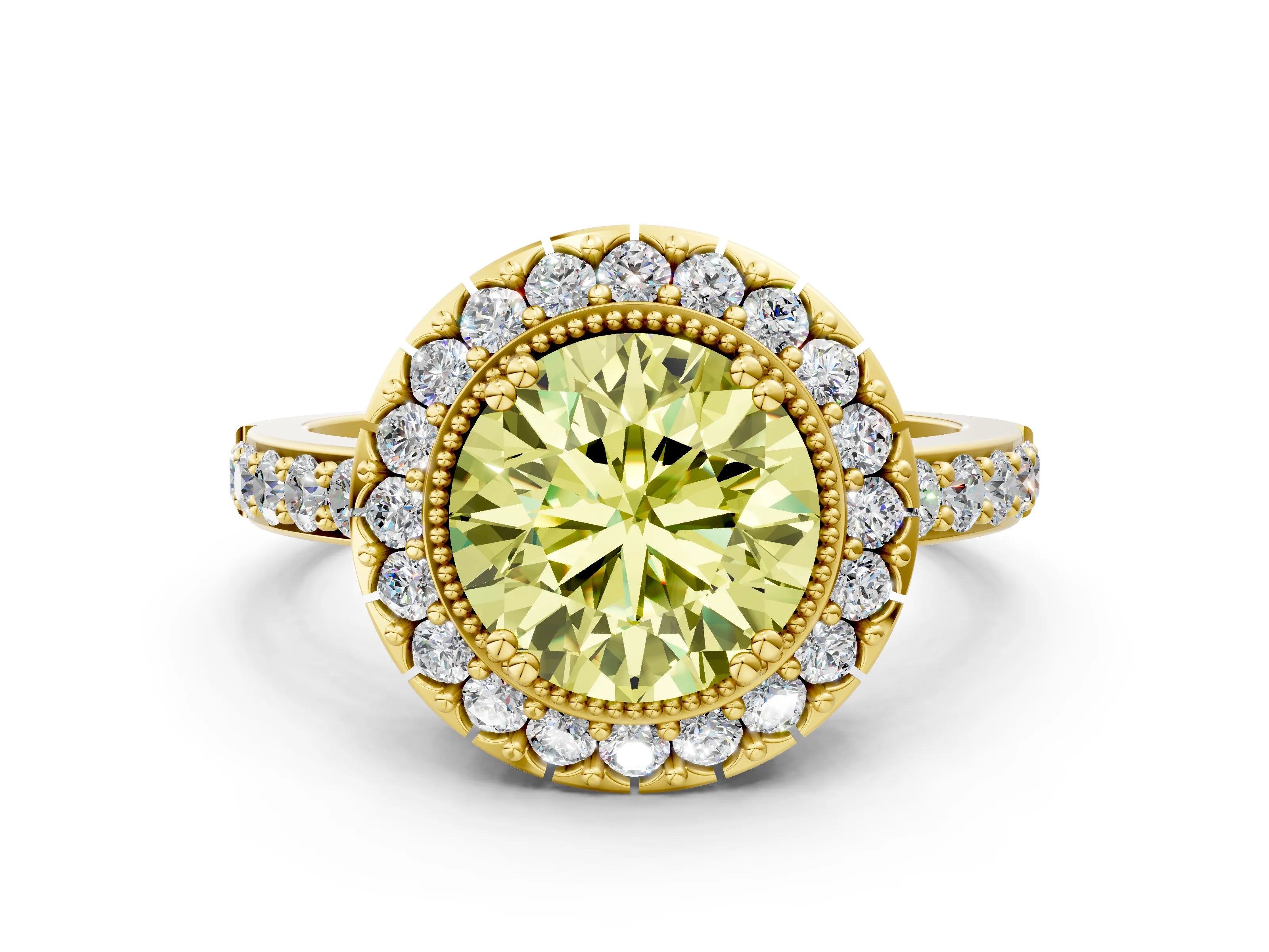 Yellow gold Fancy Yellow Round Cut Diamond Halo Ring with Pavé Band and Prong Setting