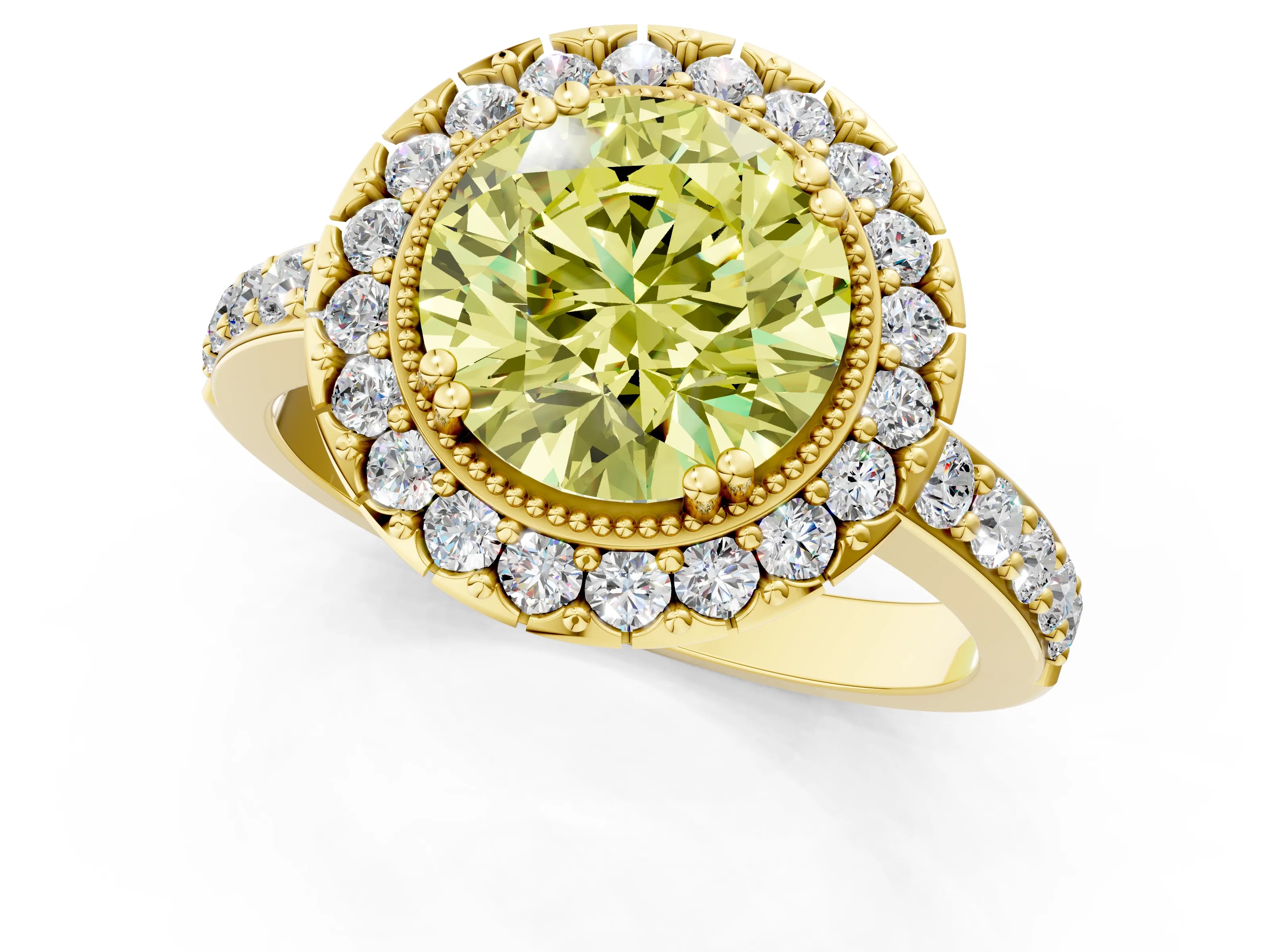 Yellow gold Fancy Yellow Round Cut Diamond Halo Ring with Pavé Band and Prong Setting_1