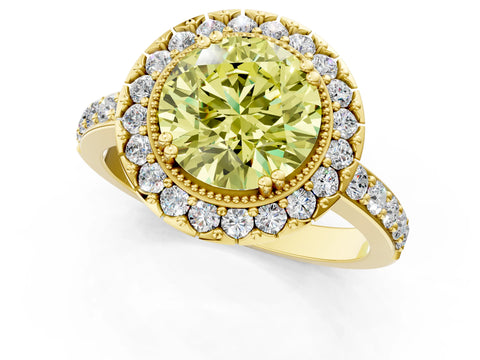 Yellow gold Fancy Yellow Round Cut Diamond Halo Ring with Pavé Band and Prong Setting_1
