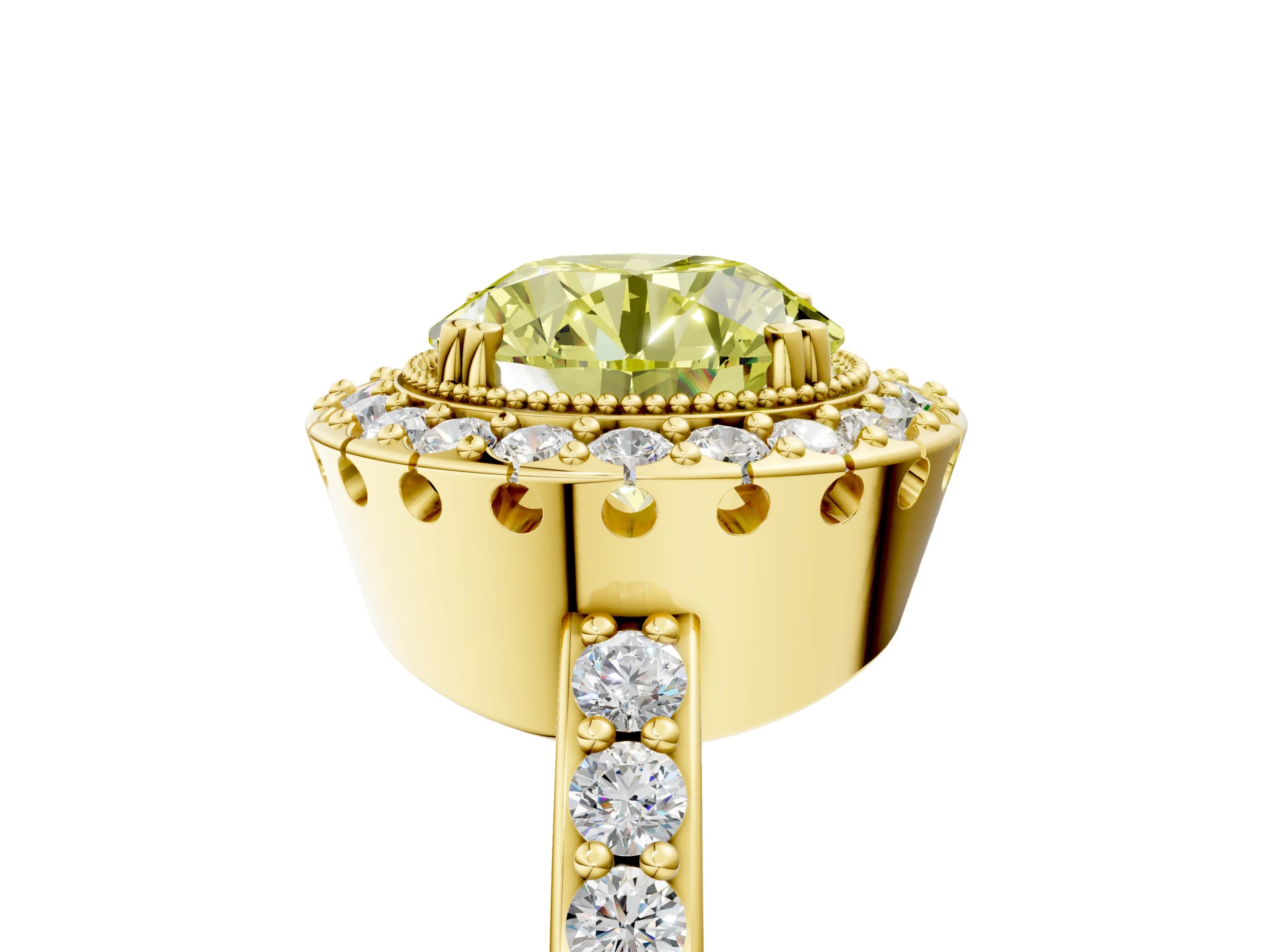 Yellow gold Fancy Yellow Round Cut Diamond Halo Ring with Pavé Band and Prong Setting_5