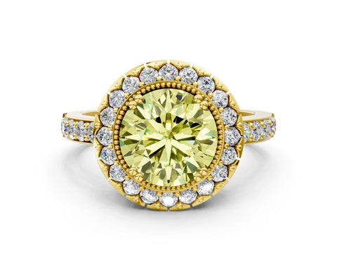 Yellow gold Fancy Yellow Round Cut Diamond Halo Ring with Pavé Band and Prong Setting