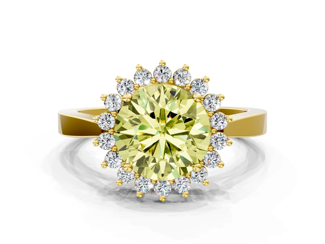 Yellow gold Fancy Yellow Round  Cut Diamond Halo Ring with Round Brilliant Halo and Solitaire Band