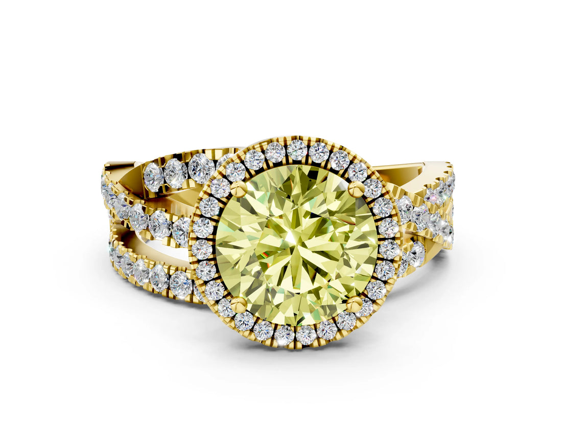 Yellow gold Fancy Yellow Round Cut Diamond Halo Ring with Round Split Shank and Prong Setting_36