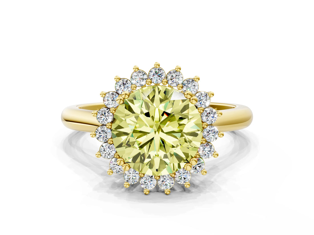 Yellow gold Fancy Yellow Round  Cut Diamond Halo Ring with Solitaire Band and Prong Setting_29