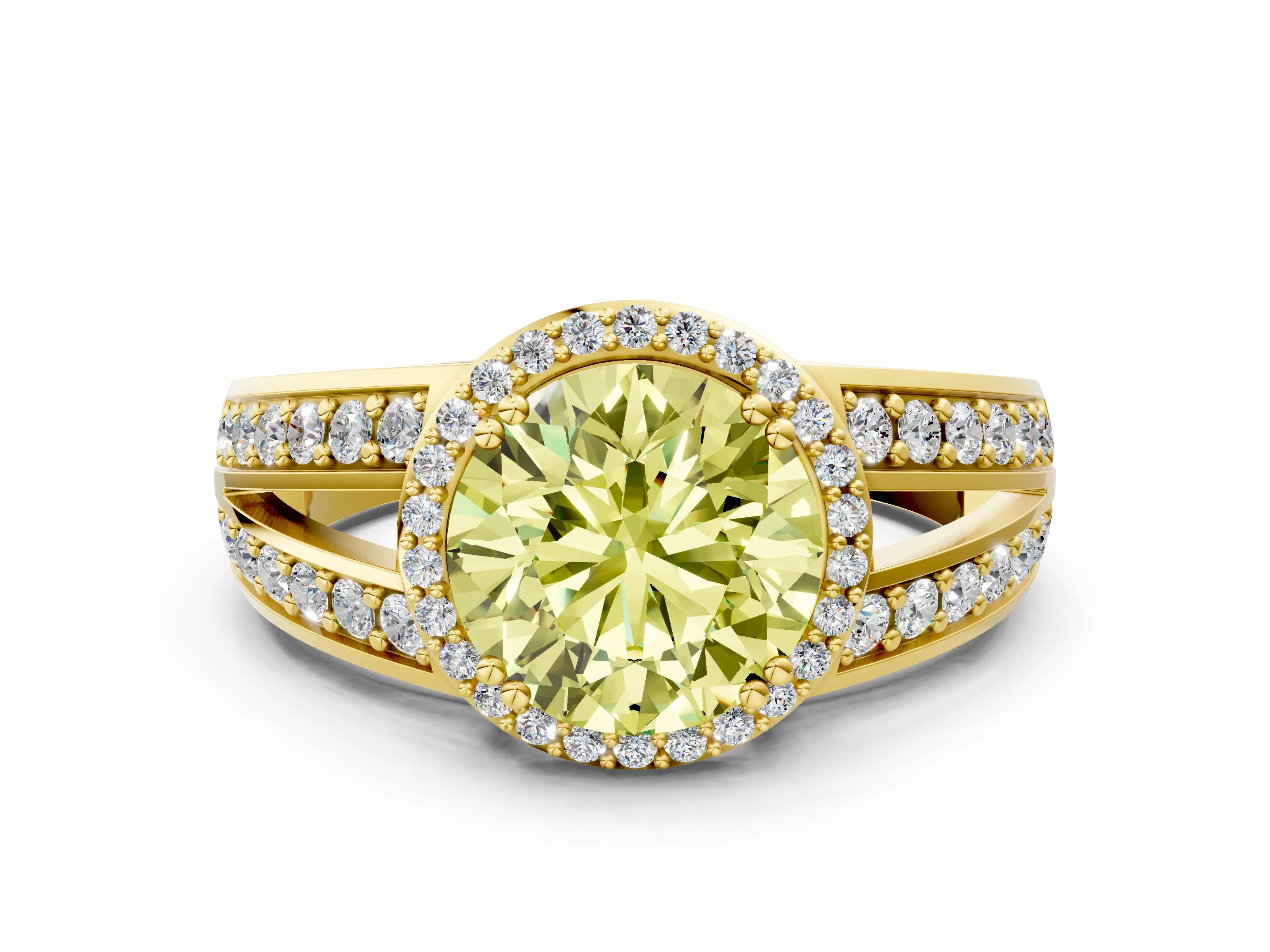 Yellow gold Fancy Yellow Round Cut Diamond Halo Ring with Split Shank Pavé Band and Four-Prong Setting