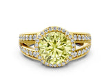 Yellow gold Fancy Yellow Round Cut Diamond Halo Ring with Split Shank Pavé Band and Four-Prong Setting