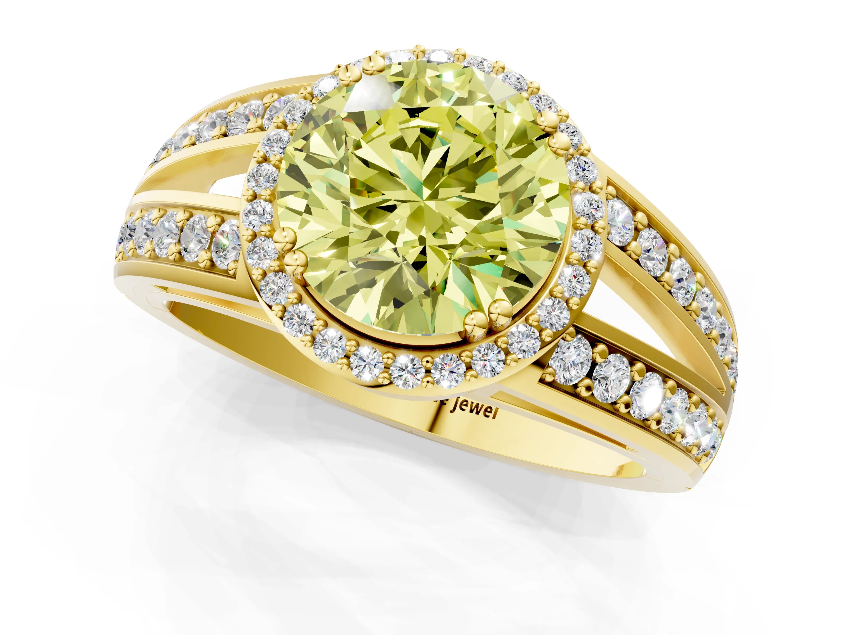 Yellow gold Fancy Yellow Round Cut Diamond Halo Ring with Split Shank Pavé Band and Four-Prong Setting_1