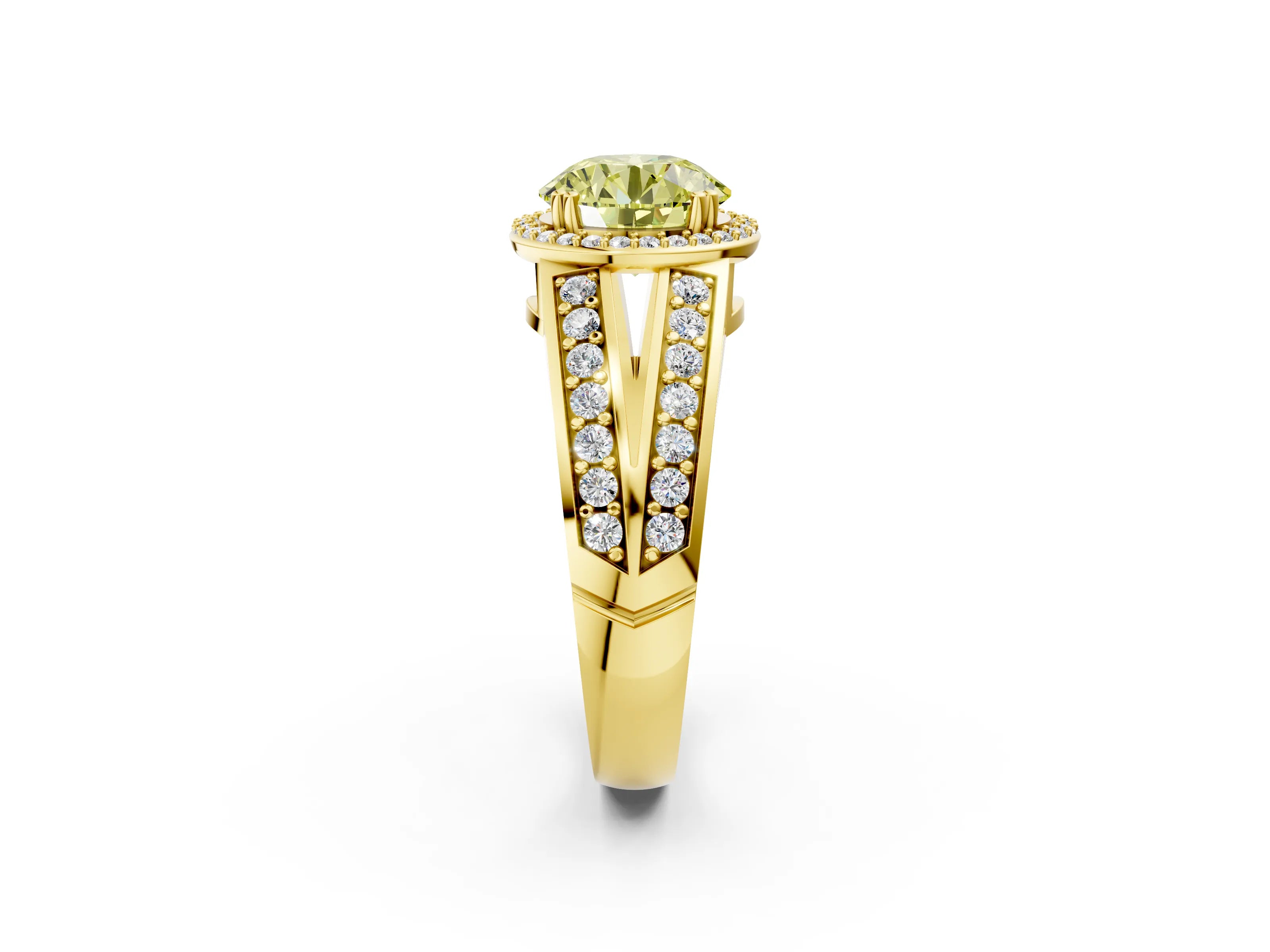 Yellow gold Fancy Yellow Round Cut Diamond Halo Ring with Split Shank Pavé Band and Four-Prong Setting_2