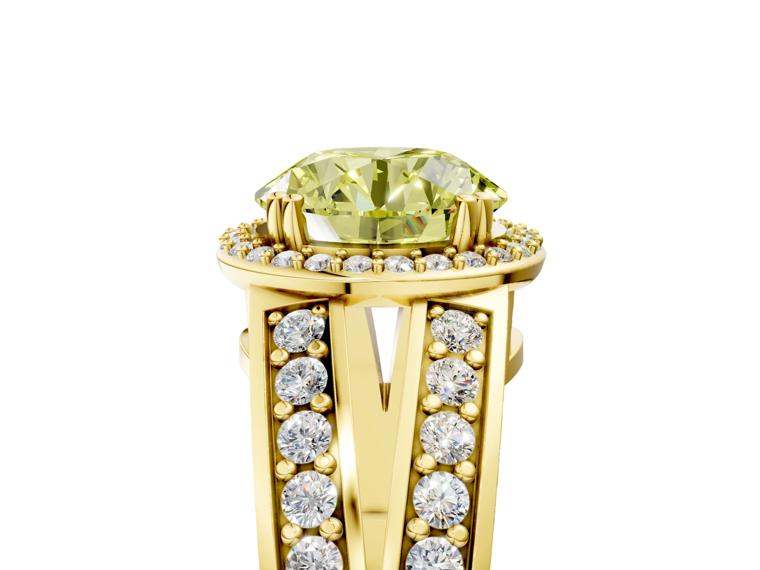 Yellow gold Fancy Yellow Round Cut Diamond Halo Ring with Split Shank Pavé Band and Four-Prong Setting_5