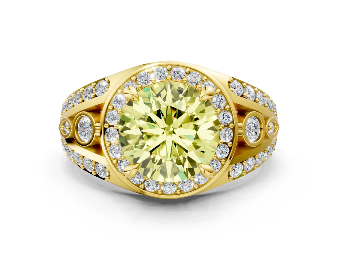 Yellow gold Fancy Yellow Round Cut Diamond Halo Ring with Split Shank and Bezel Accents and Four-Prong Setting