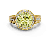 Yellow gold Fancy Yellow Round Cut Diamond Halo Ring with Split Shank and Bezel Accents and Prong Setting