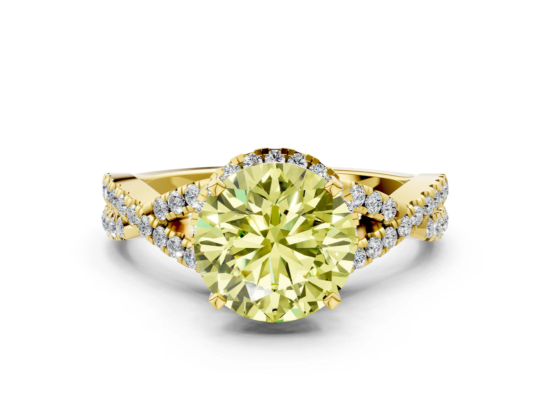 Yellow gold Fancy Yellow Round Cut Diamond  Halo Twist Band Solitaire Prong Setting Ring_42