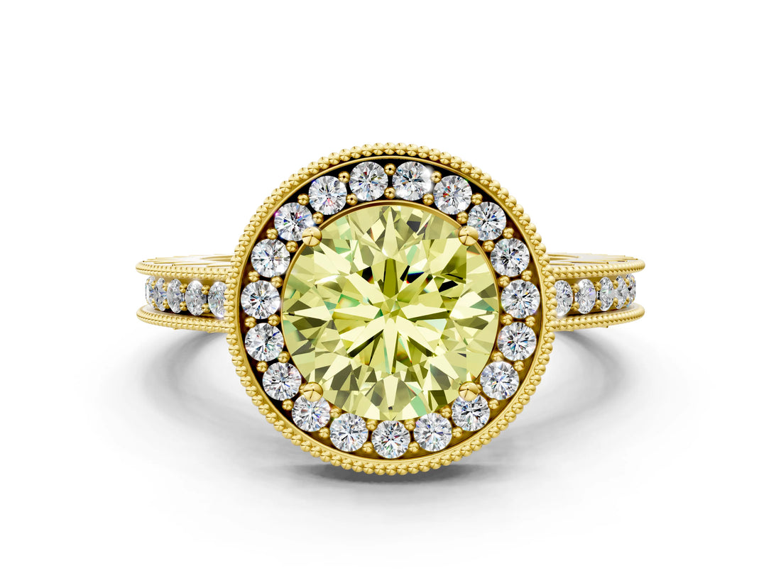 Yellow gold Fancy Yellow Round Cut Diamond Milgrain Halo Engagement Ring with Round Pavé Band and Prong Setting_12