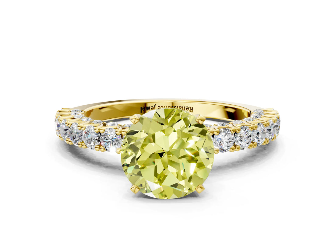 Yellow gold Fancy Yellow Round Cut Diamond Pavé Band Solitaire Ring with Prong Setting_17