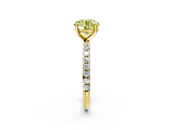 Yellow gold Fancy Yellow Round  Cut Diamond Solitaire Ring with Micro Pave Band and Four Prong Setting