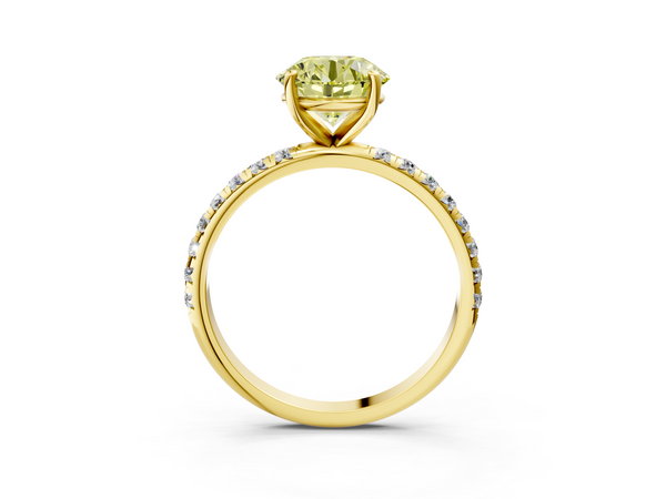 Yellow gold Fancy Yellow Round  Cut Diamond Solitaire Ring with Micro Pave Band and Four Prong Setting