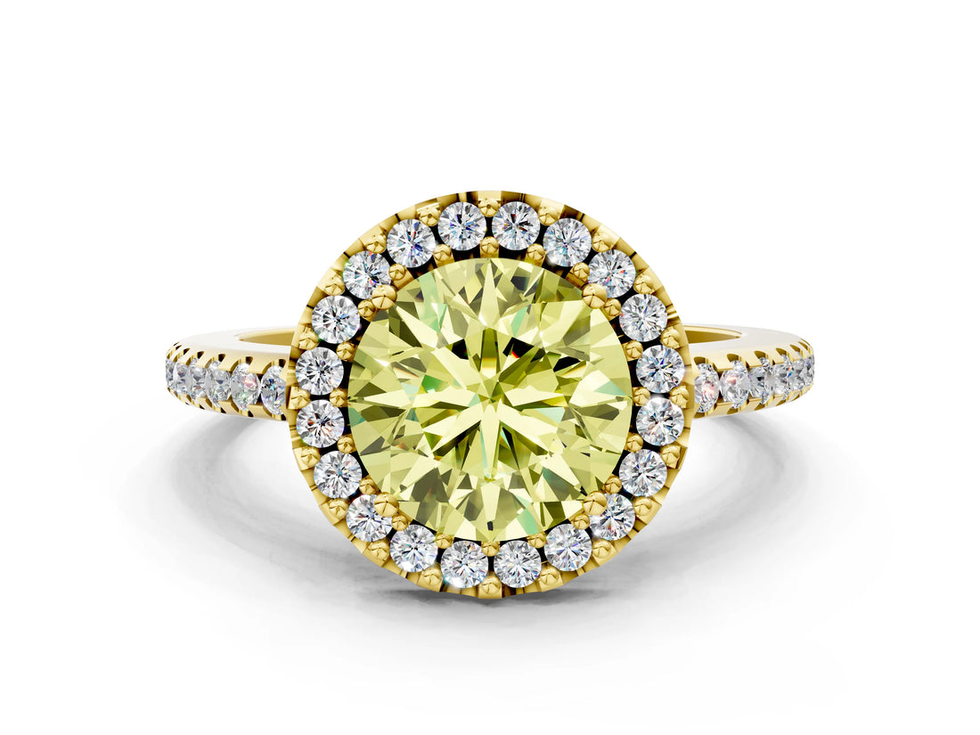 Yellow gold Fancy Yellow Round Cut Diamond Pavé Halo Ring with Four-Prong Setting_17