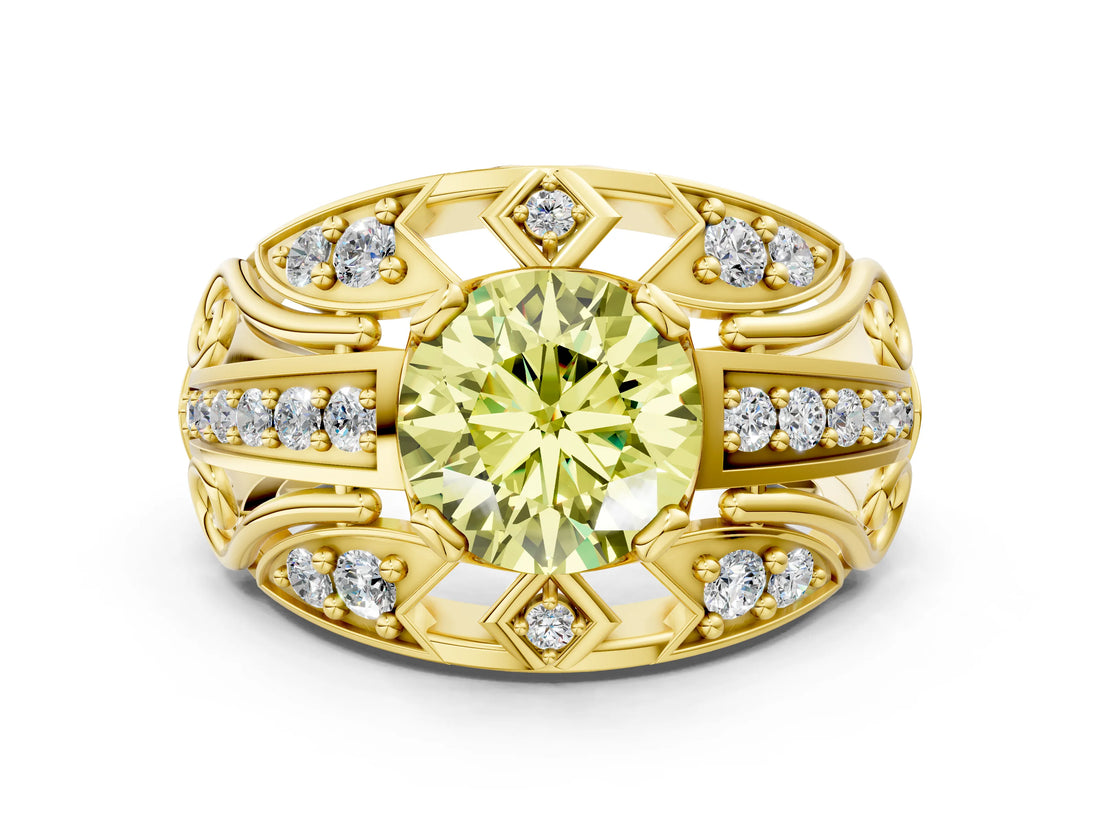 Yellow gold Fancy Yellow Round Cut Diamond Pave Art Deco Split Shank Ring with Four-Prong Setting