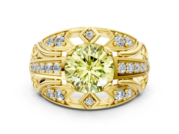 Yellow gold Fancy Yellow Round Cut Diamond Pave Art Deco Split Shank Ring with Four-Prong Setting