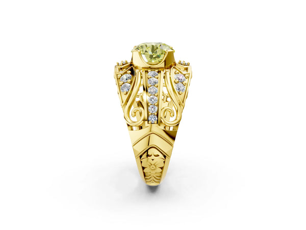 Yellow gold Fancy Yellow Round Cut Diamond Pave Art Deco Split Shank Ring with Four-Prong Setting
