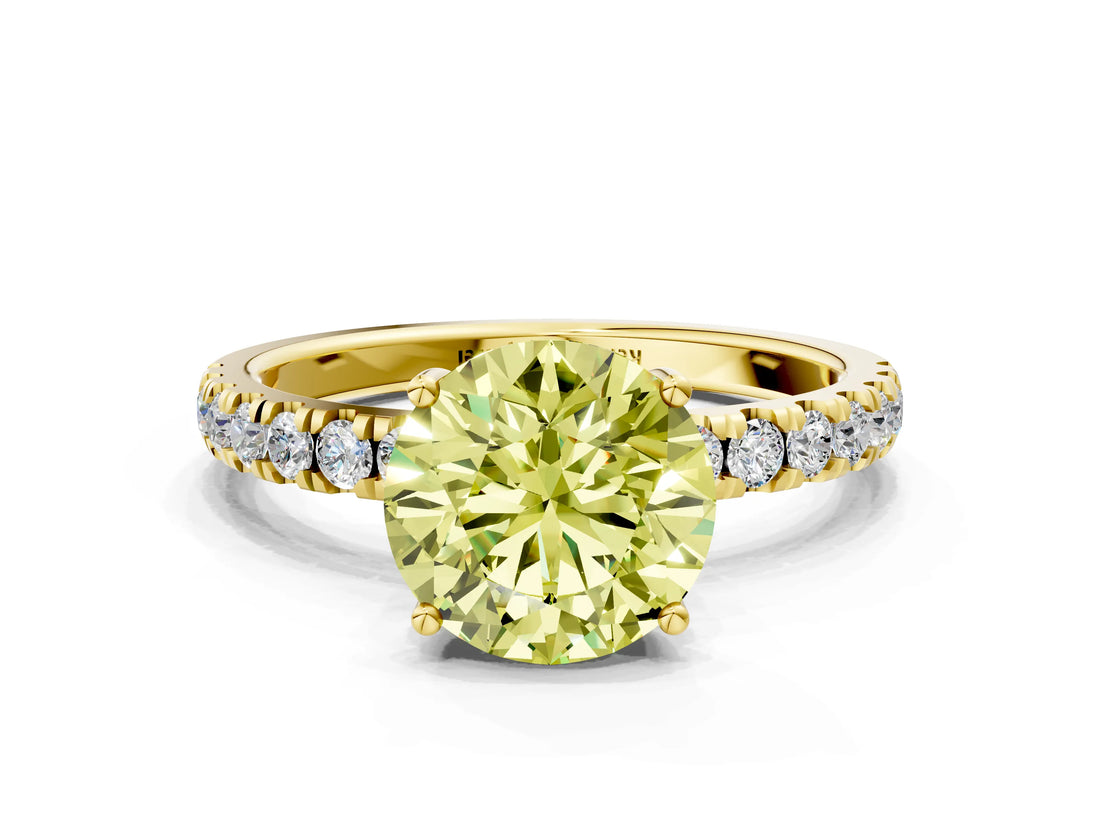 Yellow gold Fancy Yellow Round Cut Diamond Pave Band Solitaire Ring with Four-Prong Setting_18