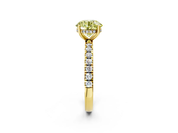 Yellow gold Fancy Yellow Round Cut Diamond Pave Band Solitaire Ring with Round  and Prong Setting