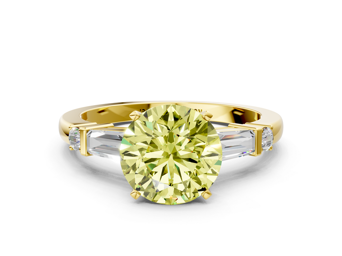 Yellow gold Fancy Yellow Round  Cut Diamond Ring with Baguette Side Stones, Channel Set Band, and Four-Prong Setting