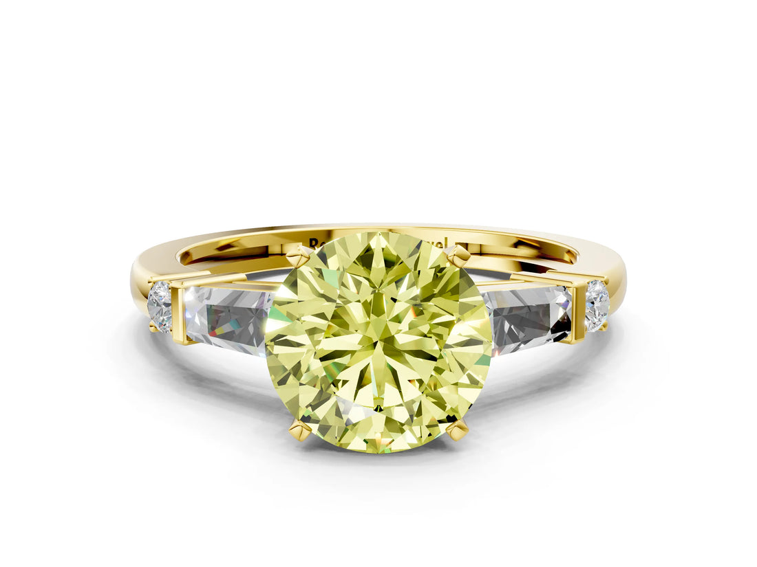 Yellow gold Fancy Yellow Round  Cut Diamond Ring with Baguette Side Stones, Channel Set Band, and Four-Prong Setting_36