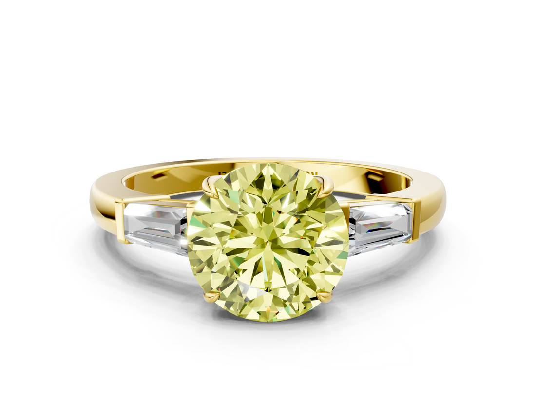 Yellow gold Fancy Yellow Round  Cut Diamond Ring with Tapered Baguette Side Stones in Four-Prong Setting