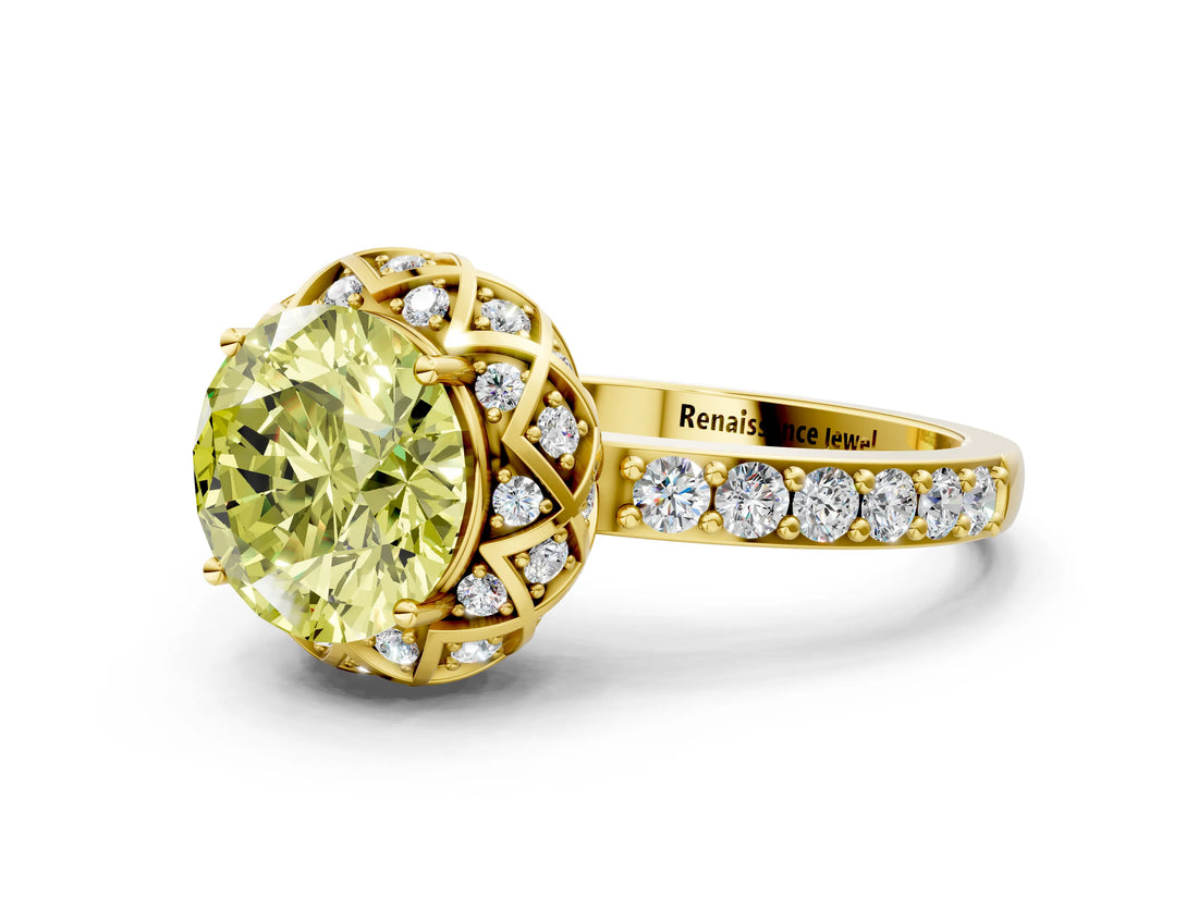 Yellow gold Fancy Yellow Round Cut Diamond Scalloped Halo Engagement Ring with Round Shared Prong Band_12