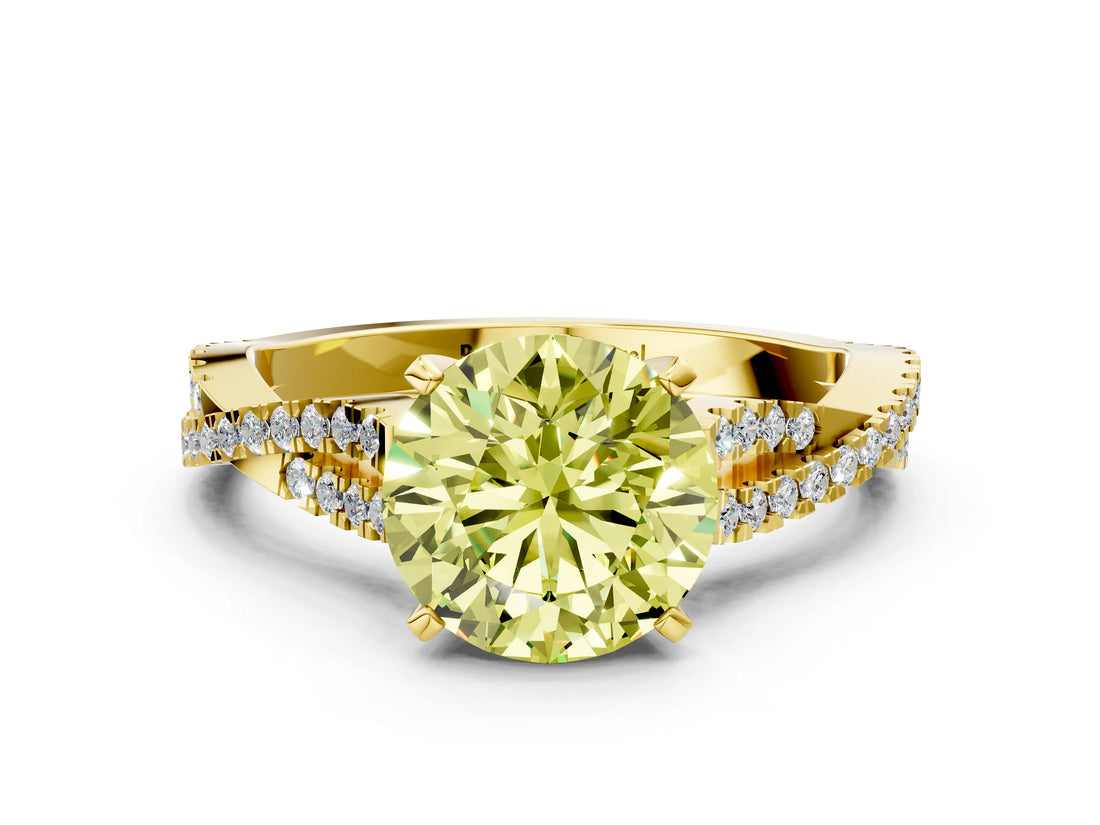 Yellow gold Fancy Yellow Round Cut Diamond Solitaire Engagement Ring with Twisted Pavé Band and Four-Prong Setting_48
