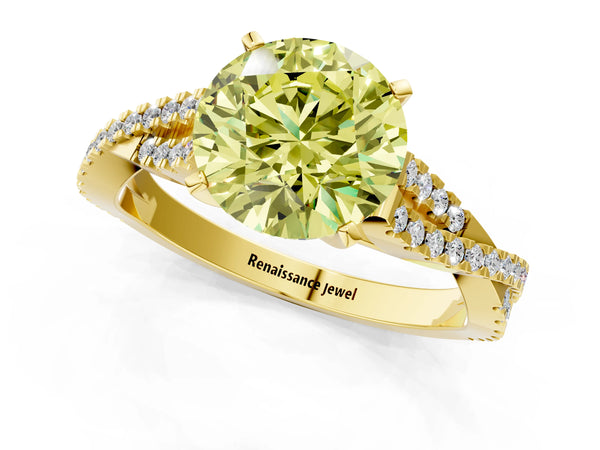 Yellow gold Fancy Yellow Round Cut Diamond Solitaire Engagement Ring with Twisted Pavé Band and Four-Prong Setting