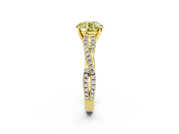 Yellow gold Fancy Yellow Round Cut Diamond Solitaire Engagement Ring with Twisted Pavé Band and Four-Prong Setting