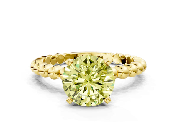 Yellow gold Fancy Yellow Round Cut Diamond Solitaire Ring with Beaded Band and Prong Setting