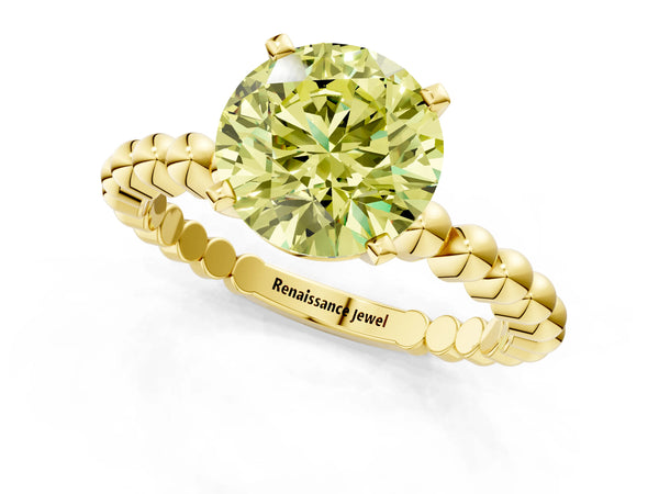 Yellow gold Fancy Yellow Round Cut Diamond Solitaire Ring with Beaded Band and Prong Setting
