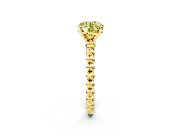 Yellow gold Fancy Yellow Round Cut Diamond Solitaire Ring with Beaded Band and Prong Setting